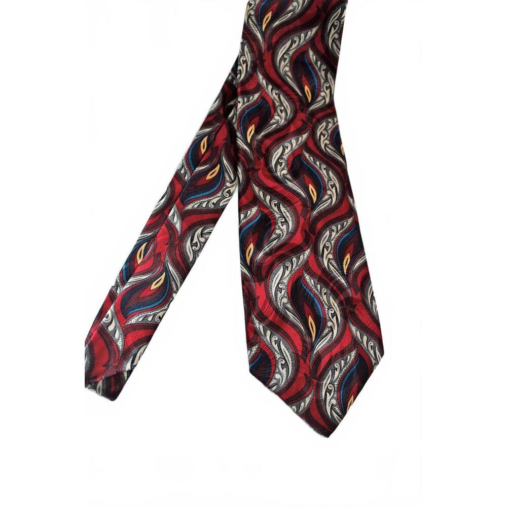 Vintage STUART HUGHES Silk Necktie, Maroon-Peacock Blue-Gold-White, 3.75 X 58